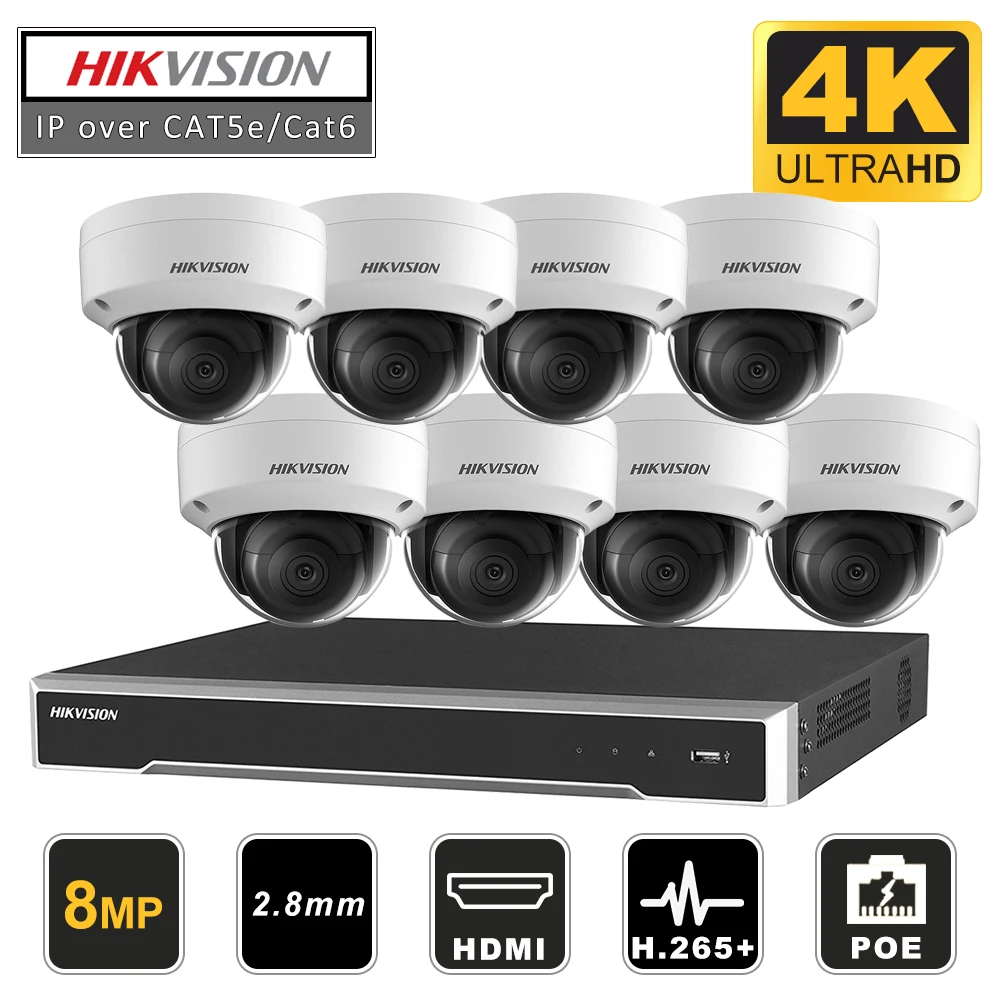 Hikvision оригинальная система видеонаблюдения 8MP камера система 8 каналов PoE NVR и 8 шт ip-камеры с питанием по PoE Купол Открытый HD комплект видеонаблюдения