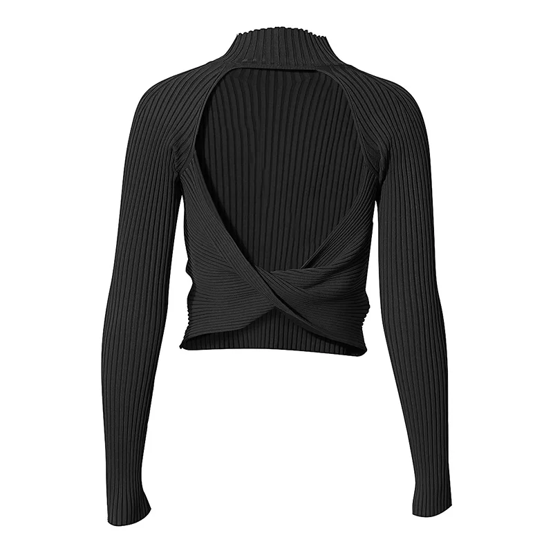 

2021 New Spring Long Sleeve Sexy Bare Chest Women Solid Color Knitting Sweater Pleated All-match Short Tops Cc85