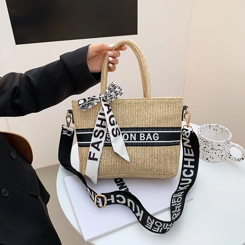 

New Woman Straw bag Popular Crossbody Bags For Women Casual brand High quality Bow wide shoulder strap Fashion Messenger bag