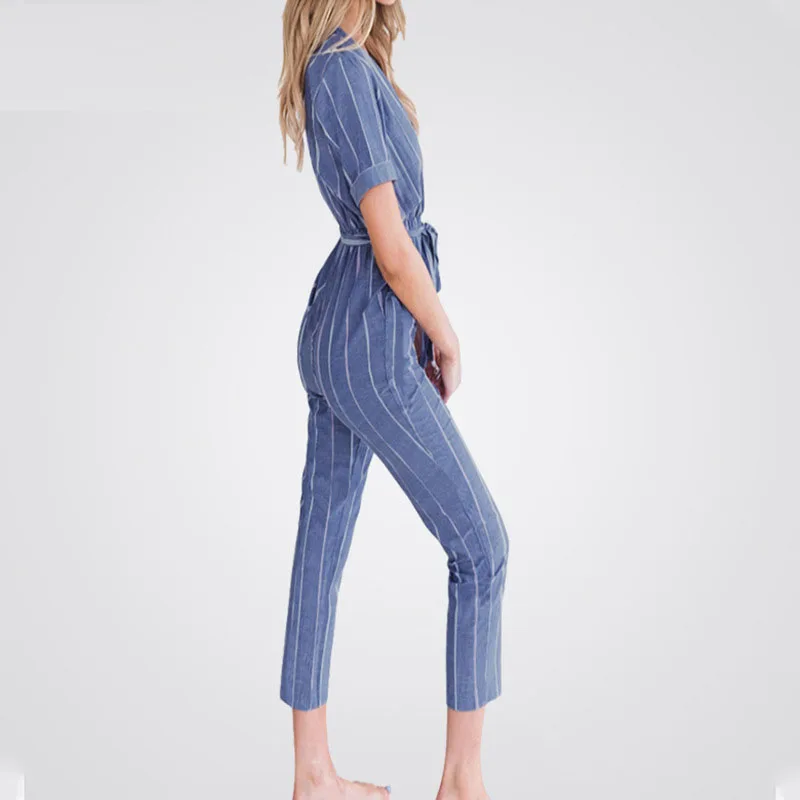 Комбинезон женский длинный в полоску с V-образным вырезом и коротким рукавом |