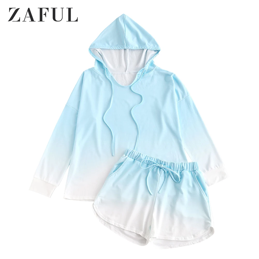 구매 ZAFUL 캐주얼 Tracksuit 여성 2 조각 세트 Drawstring 느슨한 까마귀 스웨터와 짧은 바지 가을 Sportwear 양복