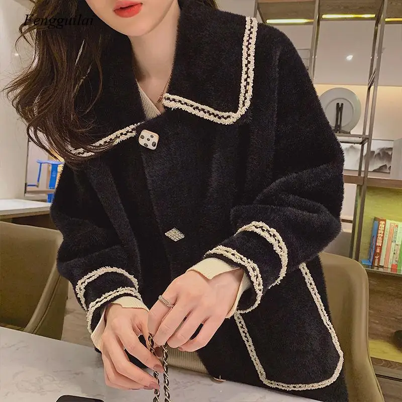 

Модные пальто из искусственного меха норки, осенне-зимняя куртка, однотонный свободный длинный вязаный кардиган большого размера, женское ...