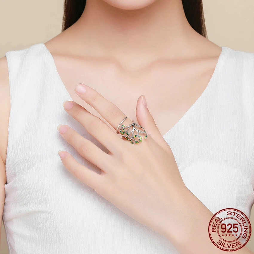 HUDIESHUO 925 SterlingSilver зеленое дерево жизни Регулируемые кольца для женщин модные