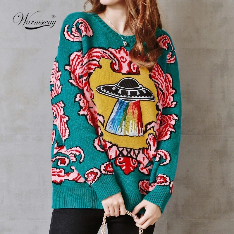 Женский жаккардовый свитер теплый плотный винтажный пуловер в стиле ретро с НЛО