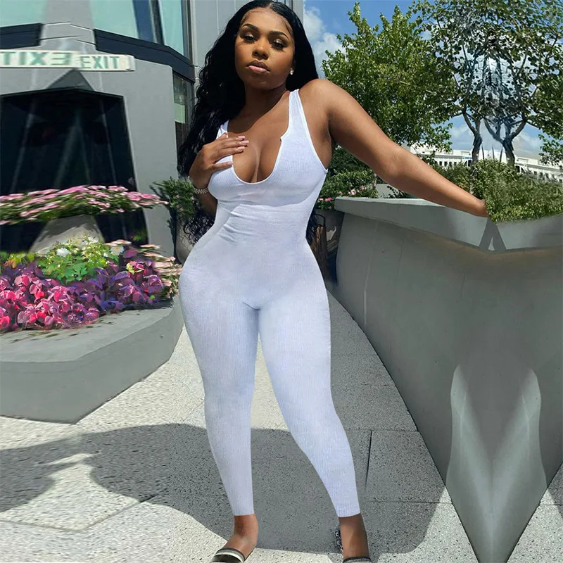

Activewear Casual Solid Knitted Rib Overalls for Women Sexy Sportswear Deep V Neck Sleeveless Leggings Bodycon Jumpsuit Women