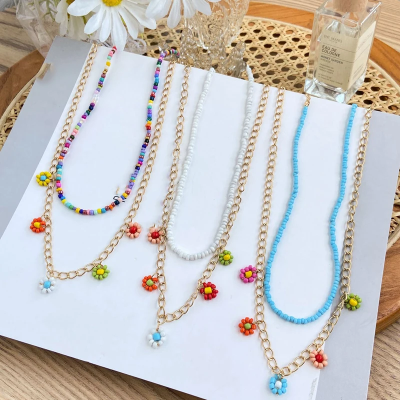 

Double Pearl Beaded Chain Pendant Necklace Rainbow Rice Beads Red Purple Flower Necklace Elegant Party for Friend Girl Gift
