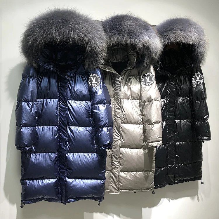 2019 New Middle Long White Duck Down Jacket Women's Loose Hooded Parkas Real Big Fur Collar Waterproof Womens Warm Coat Winter