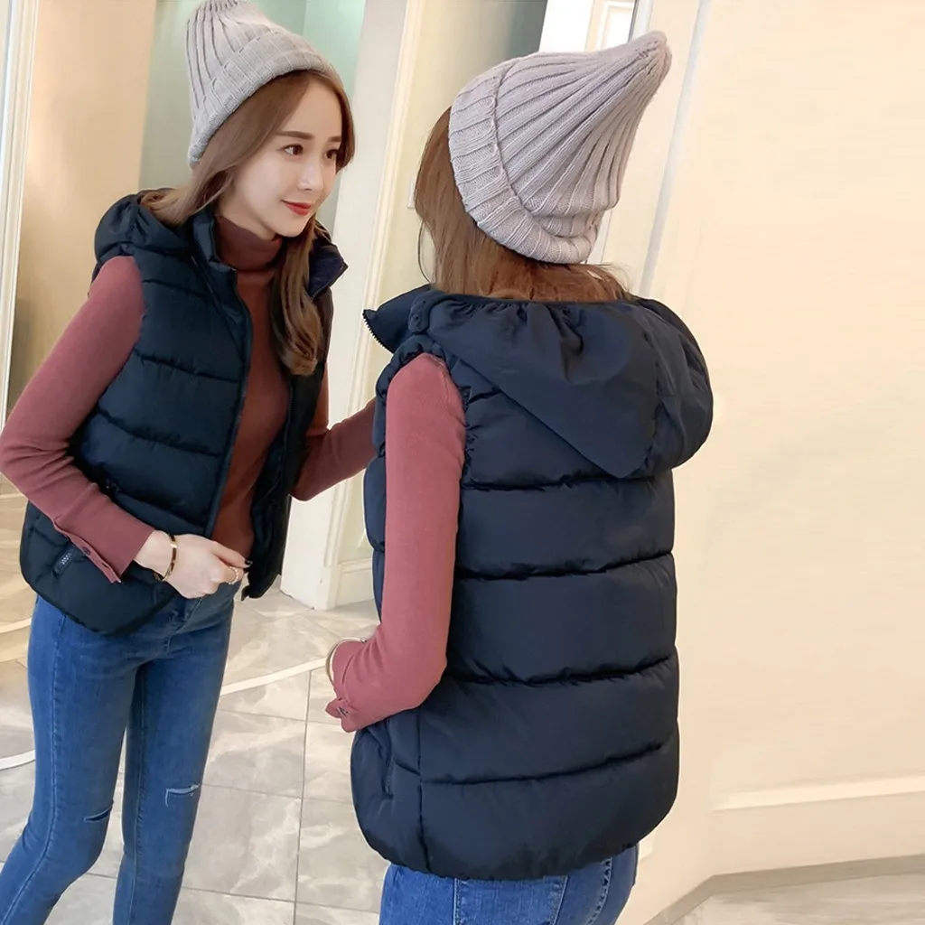 5 цветов Модный Женский теплый однотонный Жилет с капюшоном хлопковая короткая