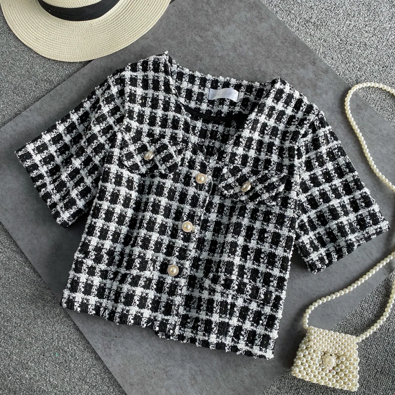 

Vintage Tweed Short Coat For Women 2021 Summer Short Sleeve Plaid Crop Top Casual Woolen Jackets veste femme Streetwear Outwear