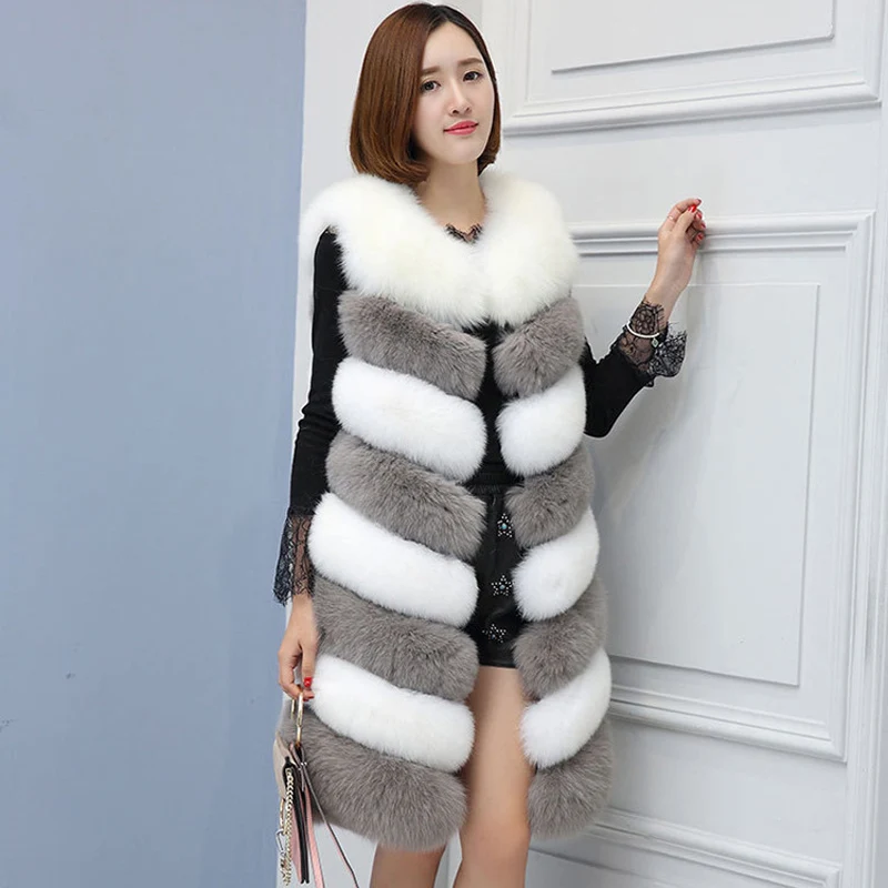 Женский Длинный жилет из искусственного меха комбинированный контрастных