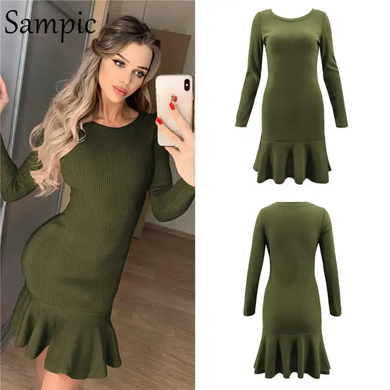 Green Sampic женское облегающее Круглая горловина вечерние зимнее платье элегантный оборками обернуть клуб осеннее платье с длинными рукавами - Цвет: Green