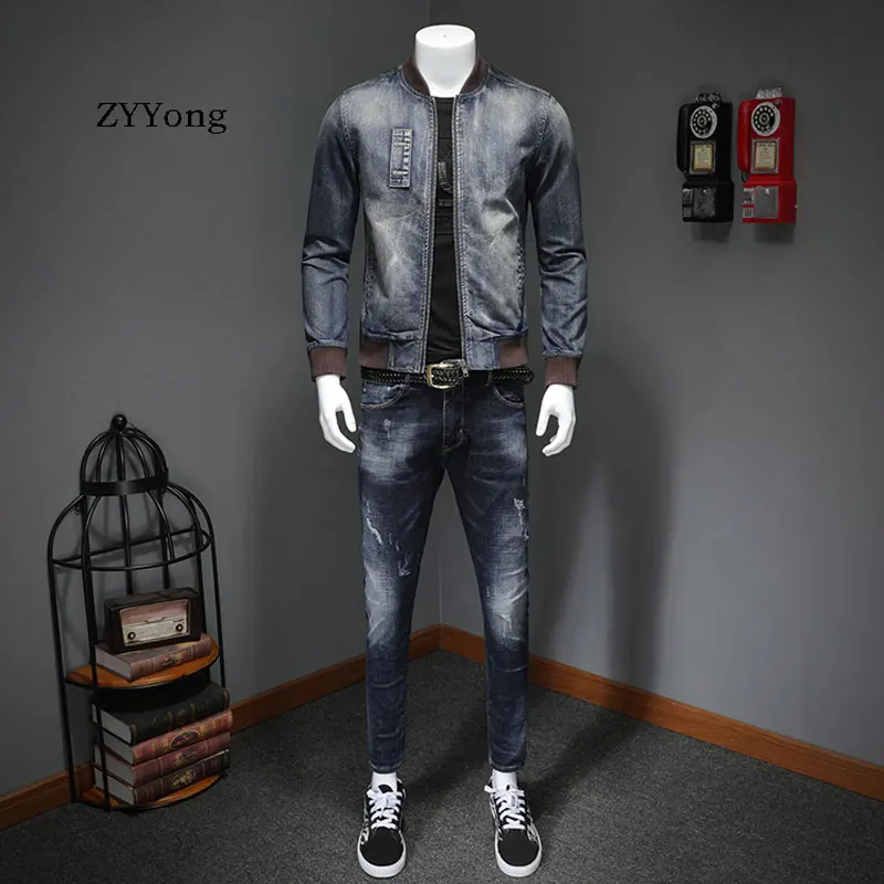 Куртка бомбер мужская джинсовая с воротником стойкой приталенный синий пилот из