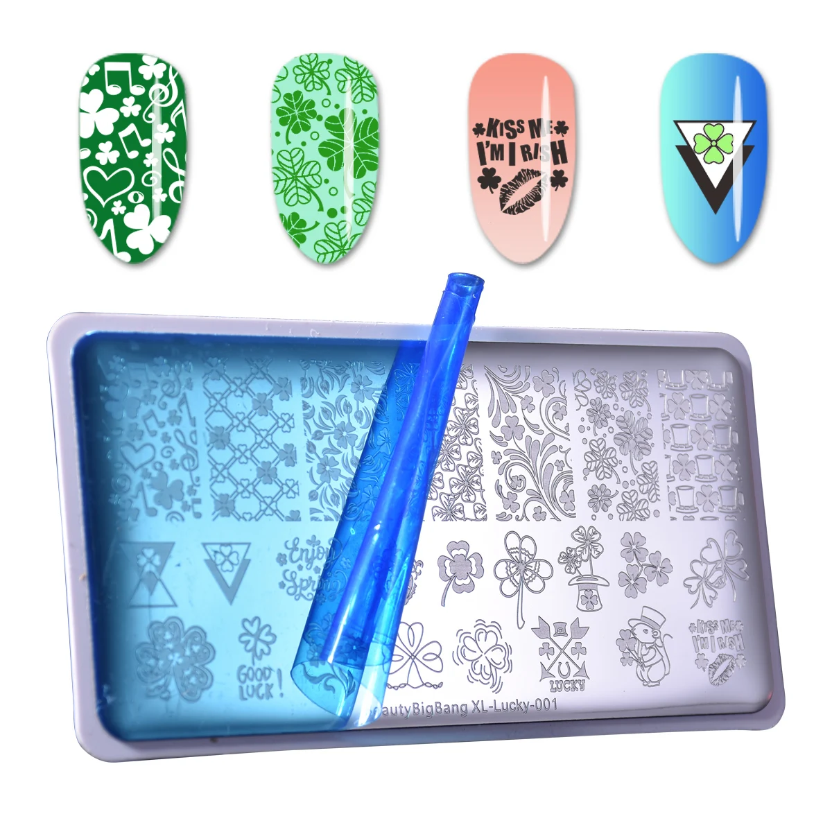 

BEAUTYBIGBANG St.Patrick's Day Four-leaf Clover Lucky Theme Manicure Nail Art Image Template Rectangle Nail Stamping Plate