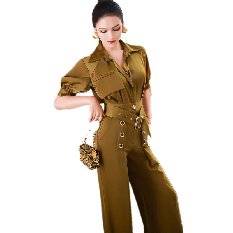 Haute couture Women Rompers European fashion Top women clothing summer temperament Shirt collar Wide leg pants Thin section 1761