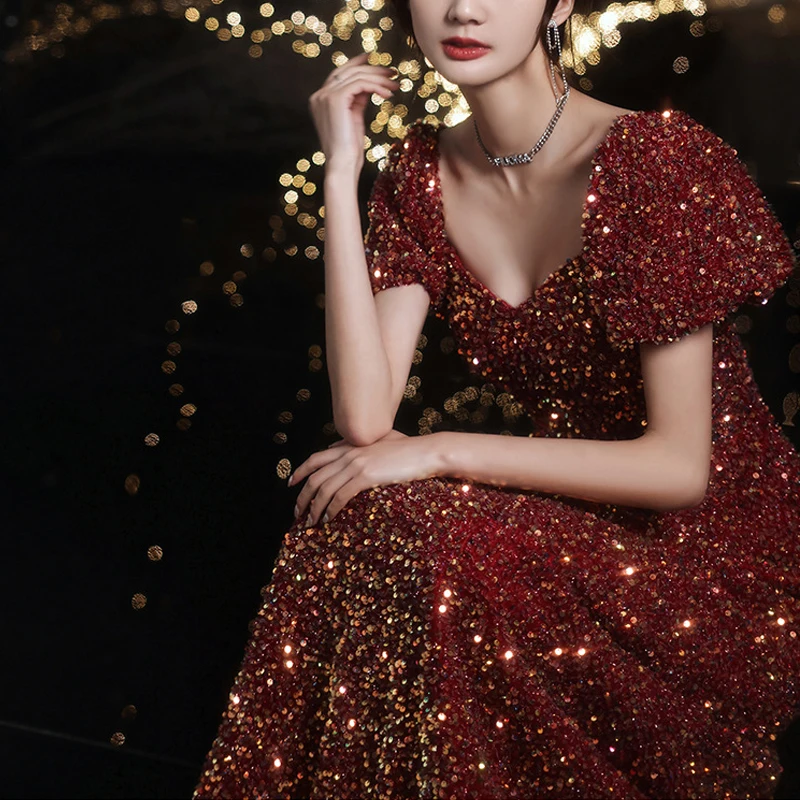 

2021 New Fashion Elegant Red Sequins Shinny Wedding Dresses Lady Sexy Short Sleeve Long Evning Party Robe Brides Dress Prom Robe