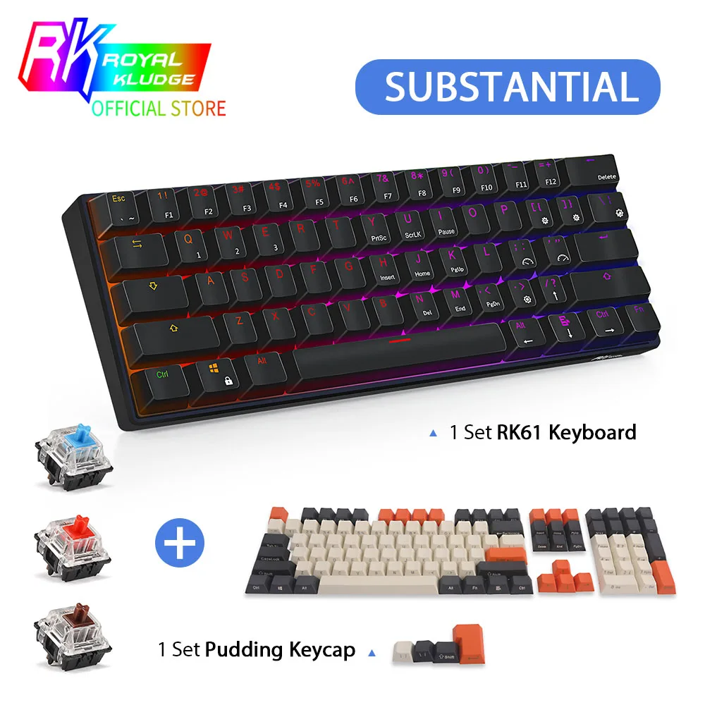 Механическая игровая клавиатура PBT Carbon Keycap RK61 Bluetooth беспроводная TKL с 61 клавишами