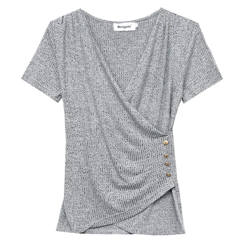 

2021 new summer dress foreign style small shirt fashion European cross V-neck T-shirt women's short sleeve design top