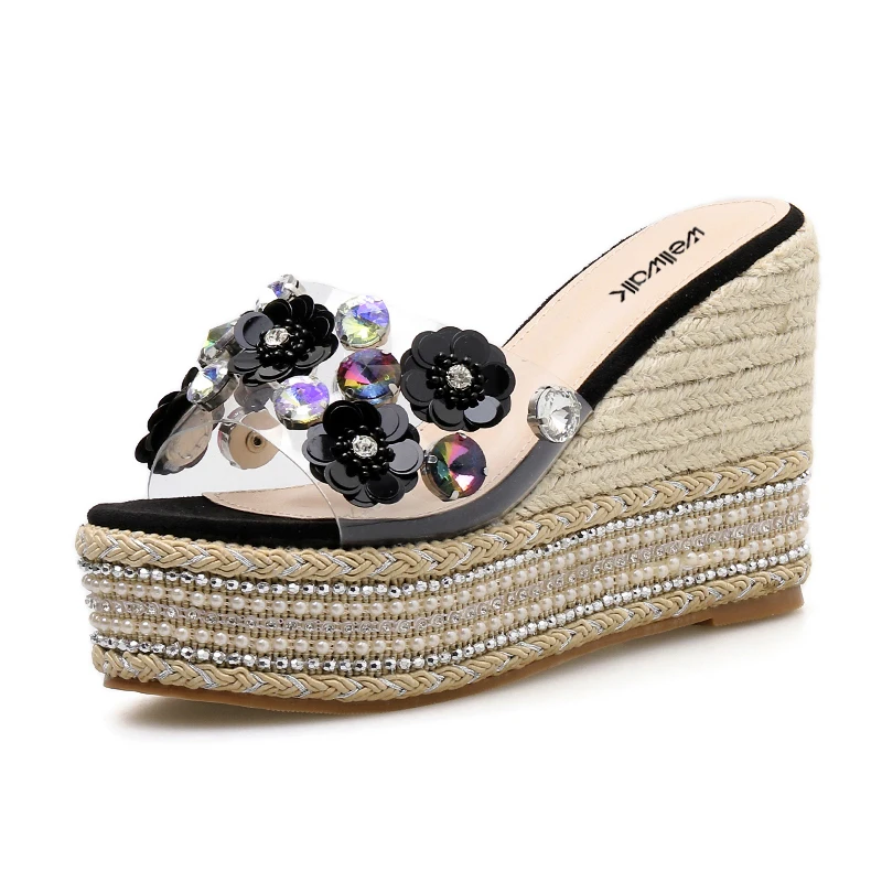 Прозрачные Летние эспадрильи Женская обувь из пеньковой ткани Шлепанцы на