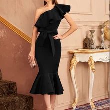 Bodycon Dress For New Year 2022 Flounces Fishtail Dress Elegant Midi Dress One Shoulder Sleeveless Slim Roupas Femininas (4)