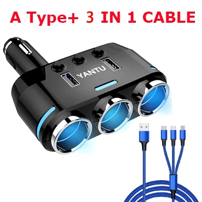 A with 3in1 cable ACCNIC 2 USB порта 3 Way розетка для автомобильного прикуривателя Разветвитель зарядное устройство DC 12~ 24V прикуриватель гнездо черный - Название цвета: A with 3in1 cable