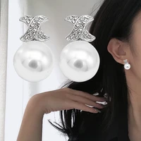 fashion brand round white pearl earrings for women classic rhinestone stud earring vintage party jewelry for gifts