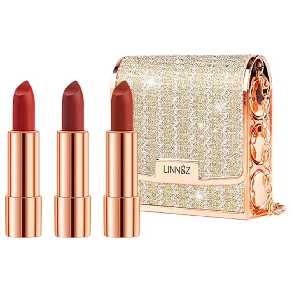 

3Pcs Lipstick Makeup Set with a Cluth Holder Matte Texture Long Lasting Lipstick suit three pack leather bag Lipstick Case