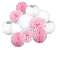 1set pink white chinese paper lantern round honeycomb balls paper flower ball pom pom for wedding birthday party decoration