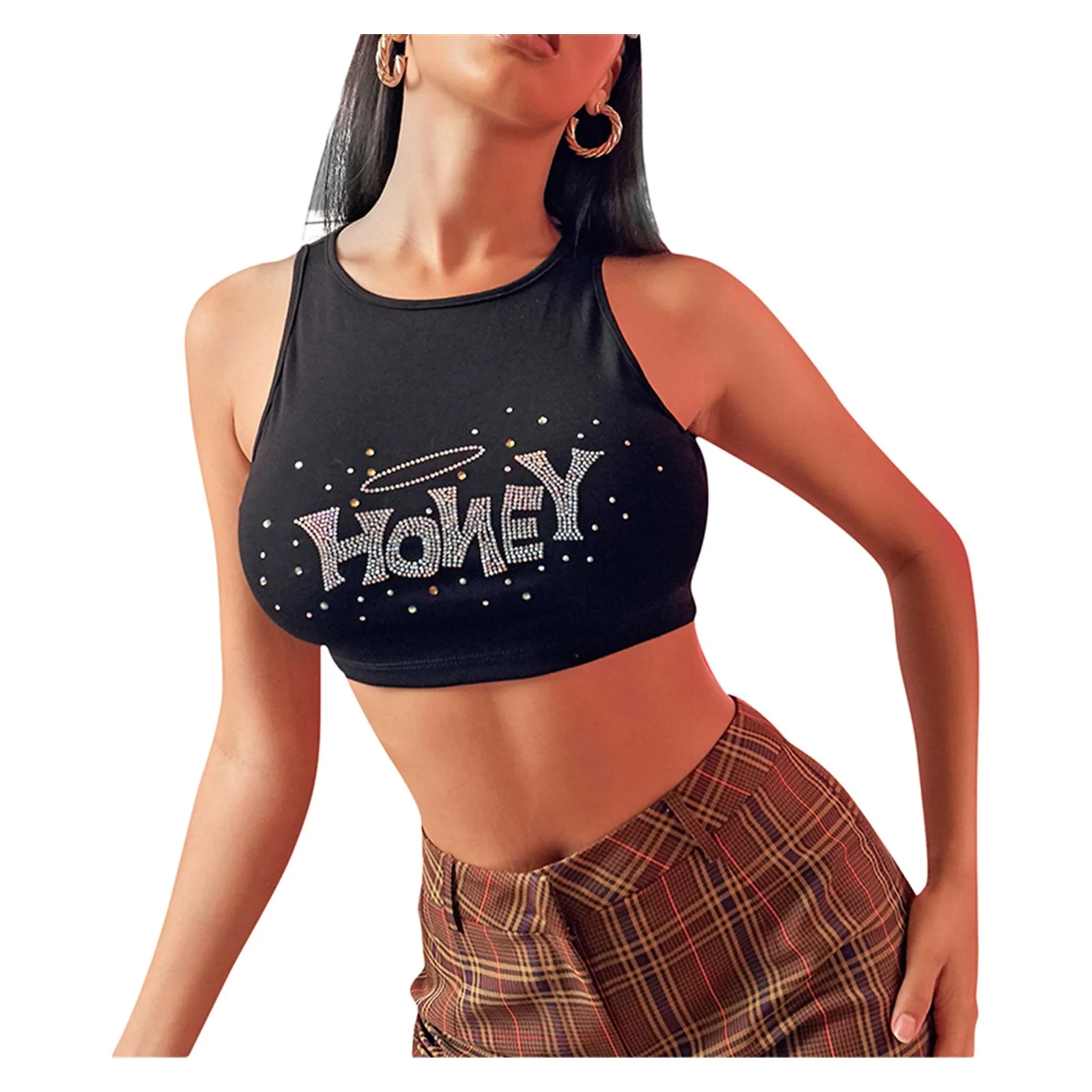 

NEW Bling Rhinestone Letter Honey T-shirt Women Crop Top Tanks Bodycon Sexy Sleeveless Party Club Festival 2021 Summer Clothes