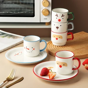 New Cartoon Cup and Saucer Set Simple and Creative Christmas  Water Cup Dinner Plate Coffee Cup Tableware Combination Cute Cup