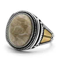 sterling silver mens ring inlaid with natural coral stone european and american style jewelry muslim religious jewelry