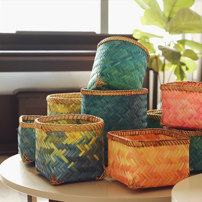 

Storage Basket Flowerpot Desktop Organizer Container Bamboo Woven Contrast Color Food Book Sundries Organizer Decorations