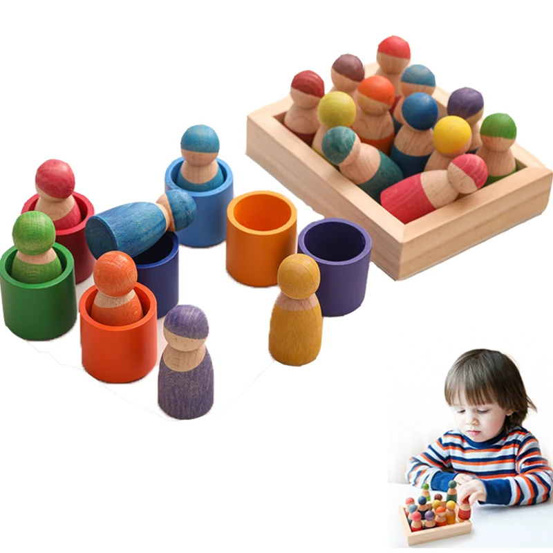 1Set Kids Wooden Rainbow Blocks Doll Montessori Educational Color Cognitive Ability Toy For Children Stacking Baby Gift | Игрушки и