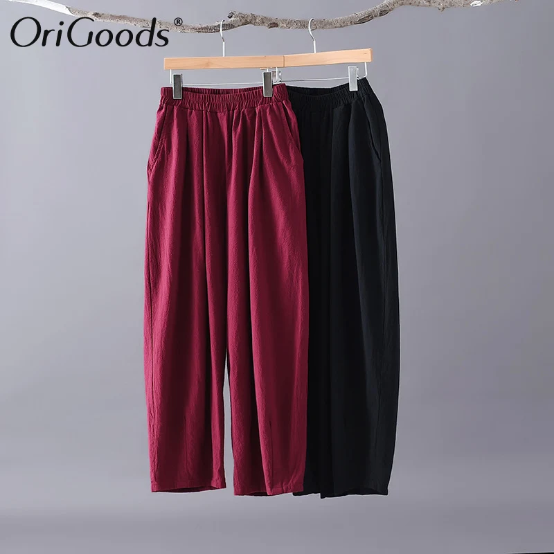 Оригинальные женские бриджи из хлопка и льна свободные брюки с эластичным поясом