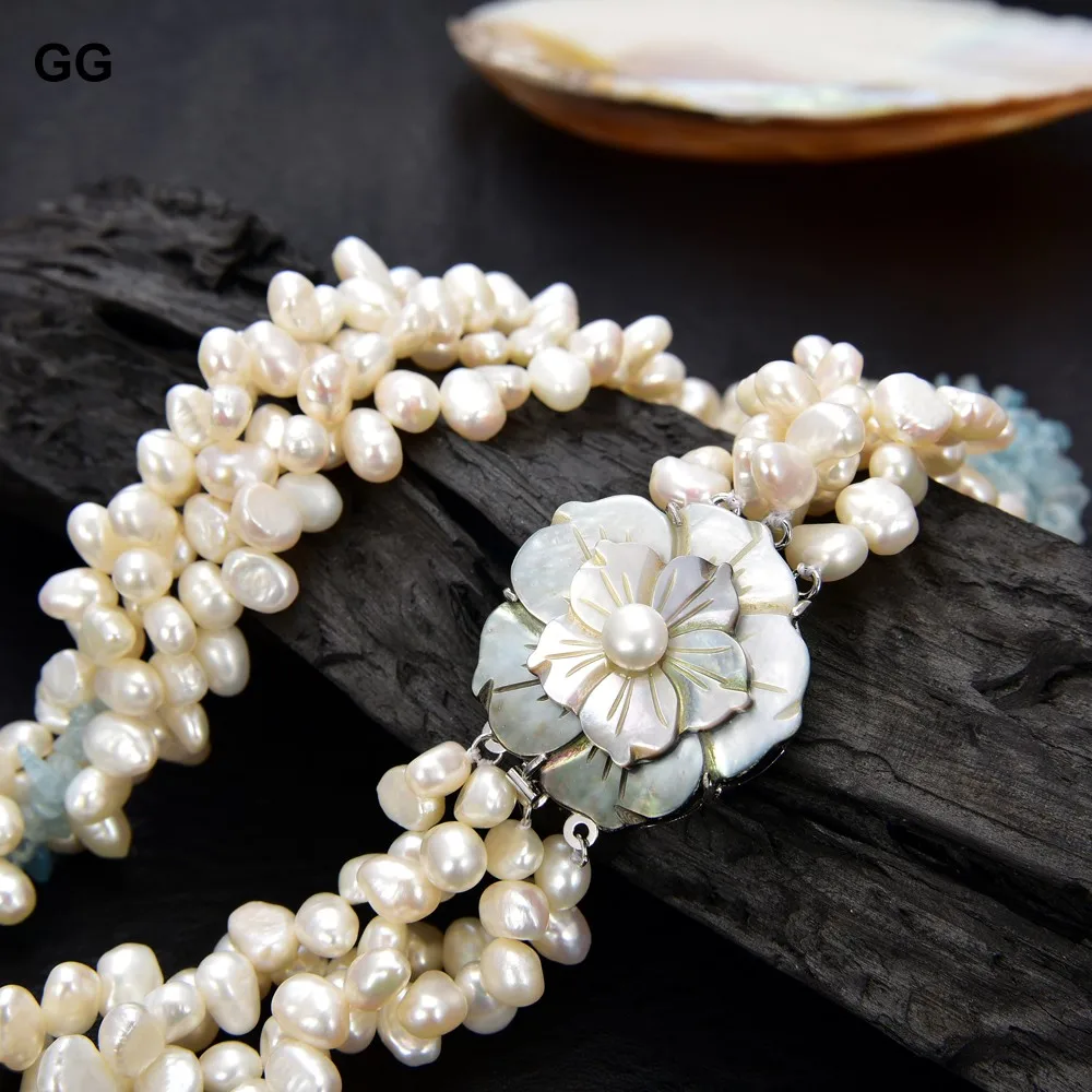 

GG Jewelry Genuine 4Strands Natural Blue Aquamarines Chips Semi-precious Stone Natural Fancy White Pearl Necklace