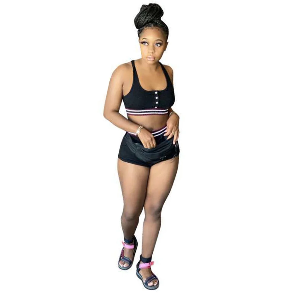 

2021 Women Fitness Tracksuits 2 Piece Set Rib Knit Sleeveless Slim Tank Top + Sporting Shorts Active Wear Skinny Beach Outwears
