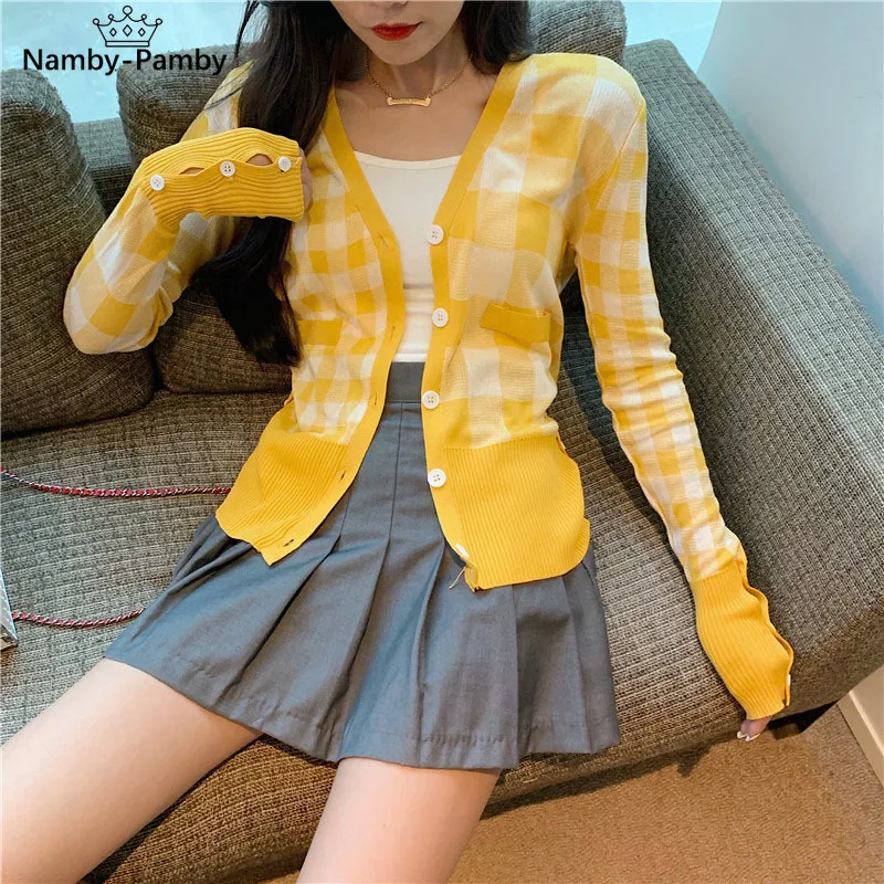 

Women's Patchwork Plaid Knit Cardigan Woman Single-breasted Sweater Cardigan Korean Fashion Chic Plaid Knit Thin Cardigan GD081