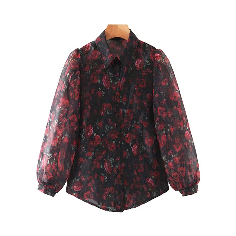 Vintage Stylish Floral Print Organza Blouse Women Fashion Lantern Sleeve See Through Sexy Female Shirts Blusas Chic Tops