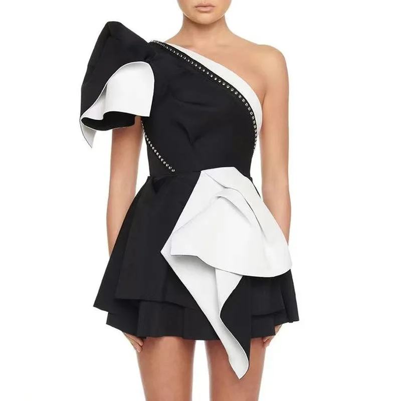 

Fashion Women Dress Autumn 2021 New Vintage One Shoulder Beaded Euffles Short Sleeves Sexy Backless A Line Short Party Gowns