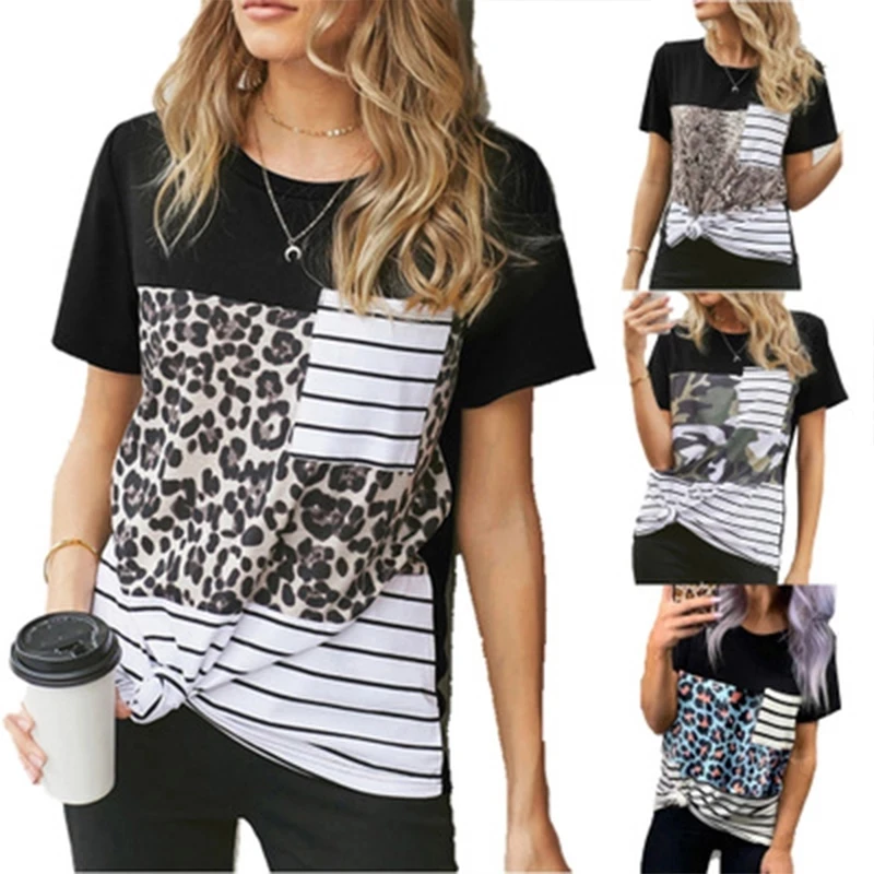 

2021 Women Summer Fashion summer new Short-sleeved T-shirt round neck pullover leopard stitching top female shirt