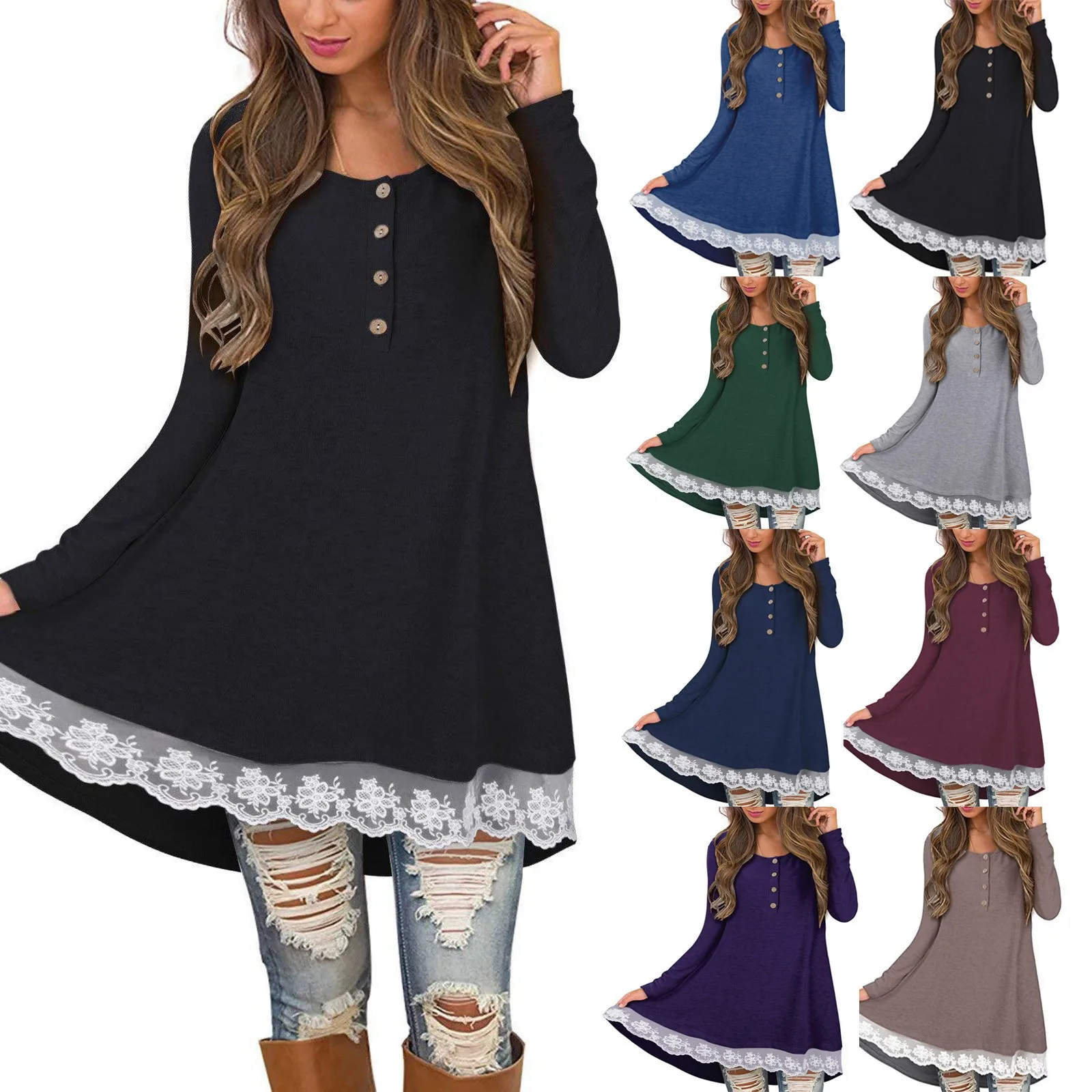 

40# Winter Dresses Womens Fashion O-Neck Long Sleeve Buttons Lace T Shirt Blouse Casual mini Dress Vestido De Mujer