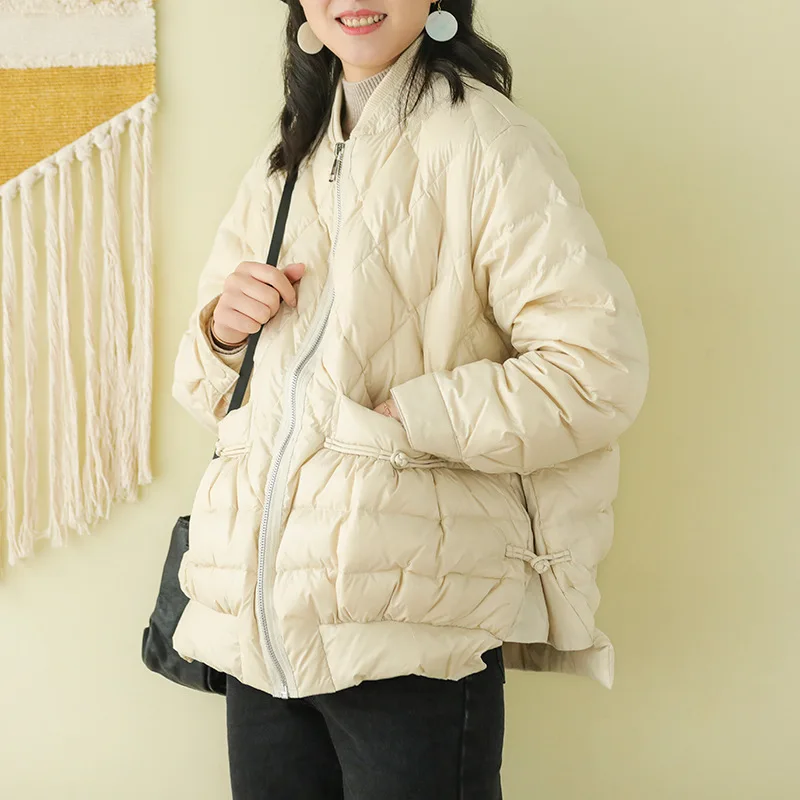 Winter Down coat Women Large size Loose Warm Coat 2019 New Tops V-Neck Zipper Casual Female White duck down jacket |