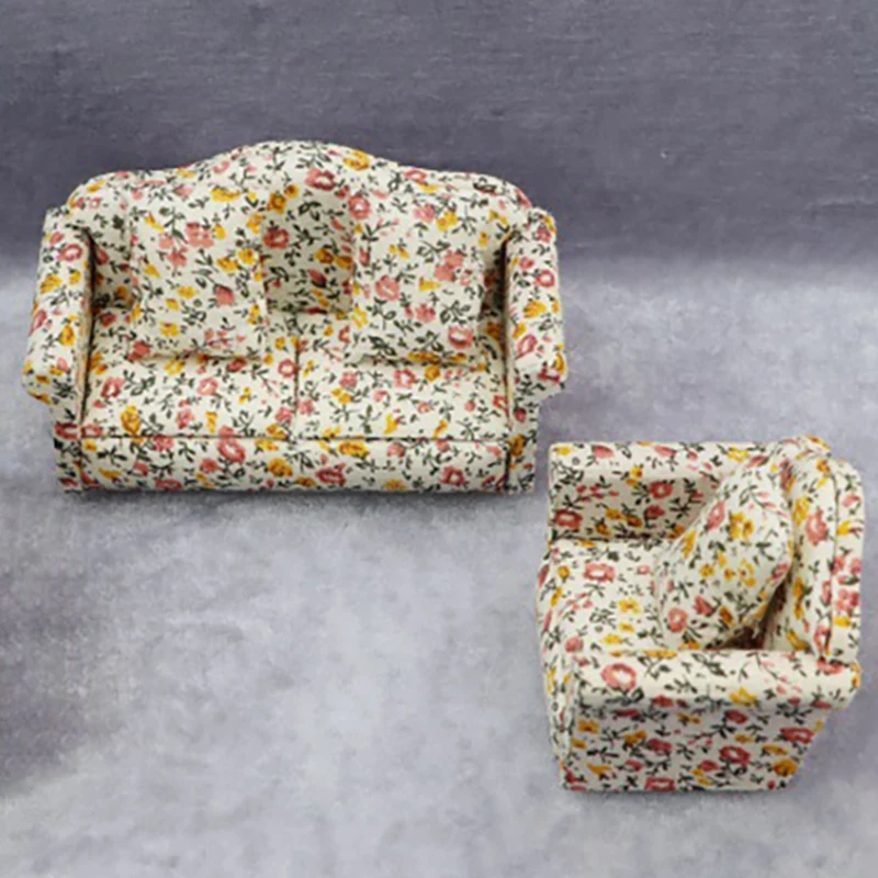 

Mini Dollhouse Sofa, 1/12 Miniature Floral Sofas 3-Piece Sofa Set with 4 Pillows Dollhouse Furniture for Home Bedroom