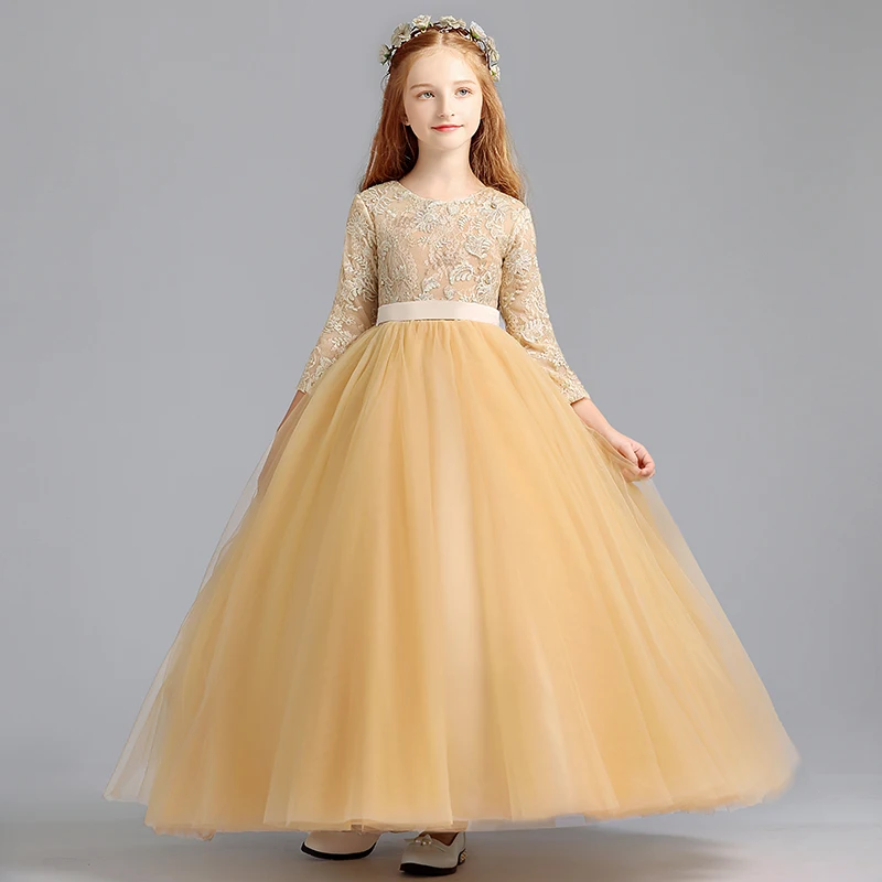 

Ball Gown Luxurious Floral Print Full Sleeves O-Neck Floor-Length Kids Party Communion Dresses Girl Dresses For Weddings DH160