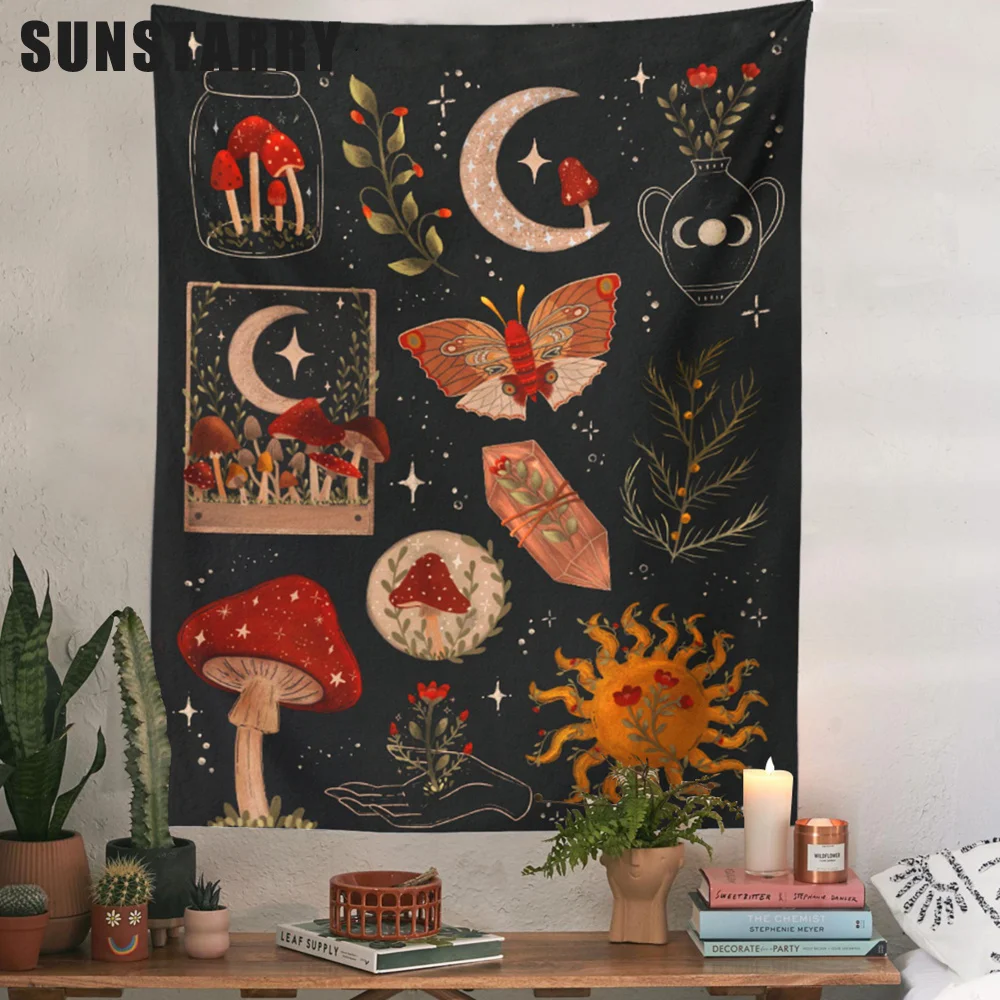

Botanical Cactus Tapestry Wall Hanging Moon Starry Mushroom Chart Hippie Bohemian Tapestries Psychedelic Witchcraft Home Decor
