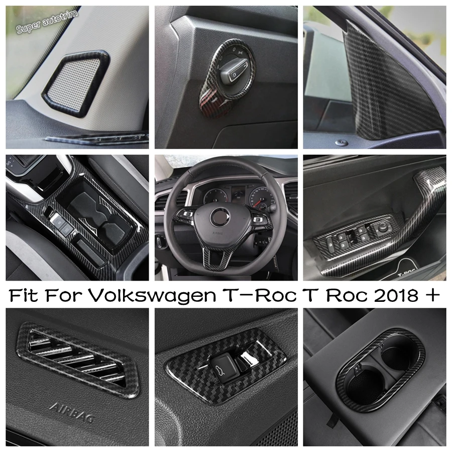 

Carbon Fiber Look Interior Parts Cup Holder / A Pillar / Door Handle / Air AC Cover Trim For Volkswagen T-Roc T Roc 2018 - 2021