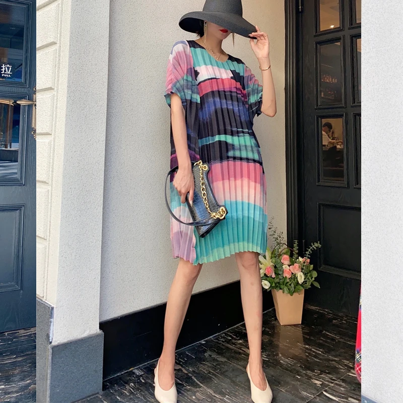 

2021 summer new women's contrast dress Miyak fold Fashionable plus size ethnic style ink print mini dress