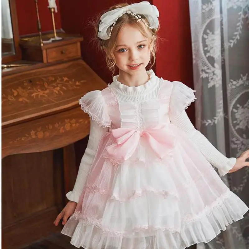 Vestido de princesa Lolita para ni&ntilde;as, ropa de punto de manga larga suelta con dobladillo de malla, para fiesta de oto&ntilde;o y Estilo de primavera, 2-10 a&ntilde;os-0