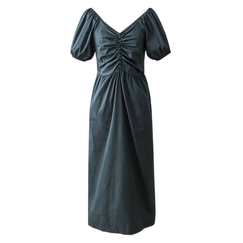 

Yeeloca Elegant Black Pleated Long Dress Female Mid-calf Summer A-line Vestidos French Light Mature High Waist Dress