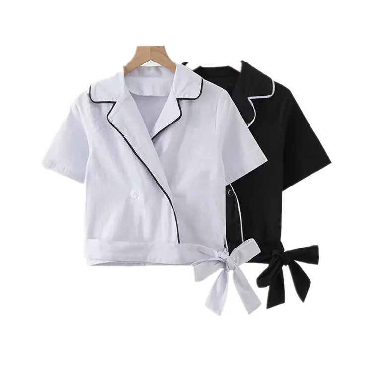 

Women's summer new retro encyclops exposed umbilical short sleeves out of the bud color casual shirt black tops for women