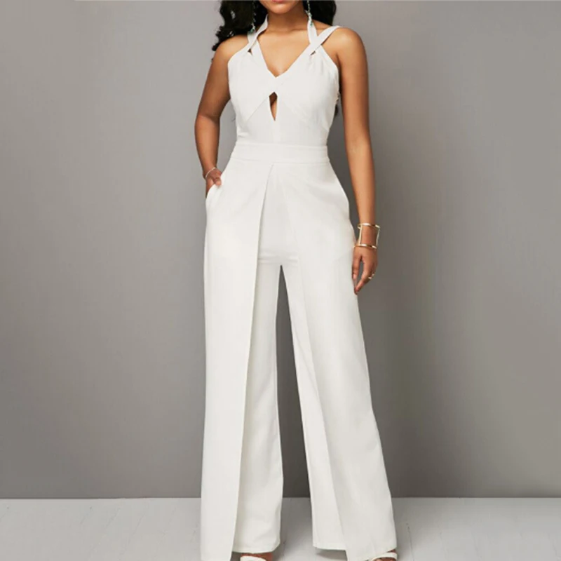 

2021 Autumn New Casual Wedding Jumpsuit Elegant Sleeveless Halter White Jumpsuit Ladies Coverall V-neck Sexy Jumpsuit